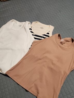 3 Everyday Ribbed Tank Top - White, Cream/Blue Stripe, and Tan
